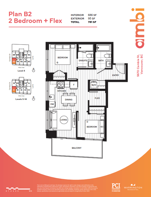 Floor plan for 2 beds, 2 baths, 686 sqft